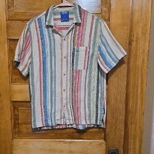 Without Walls Vibrant Red and Blue Short Sleeve Striped Casual Shirt S